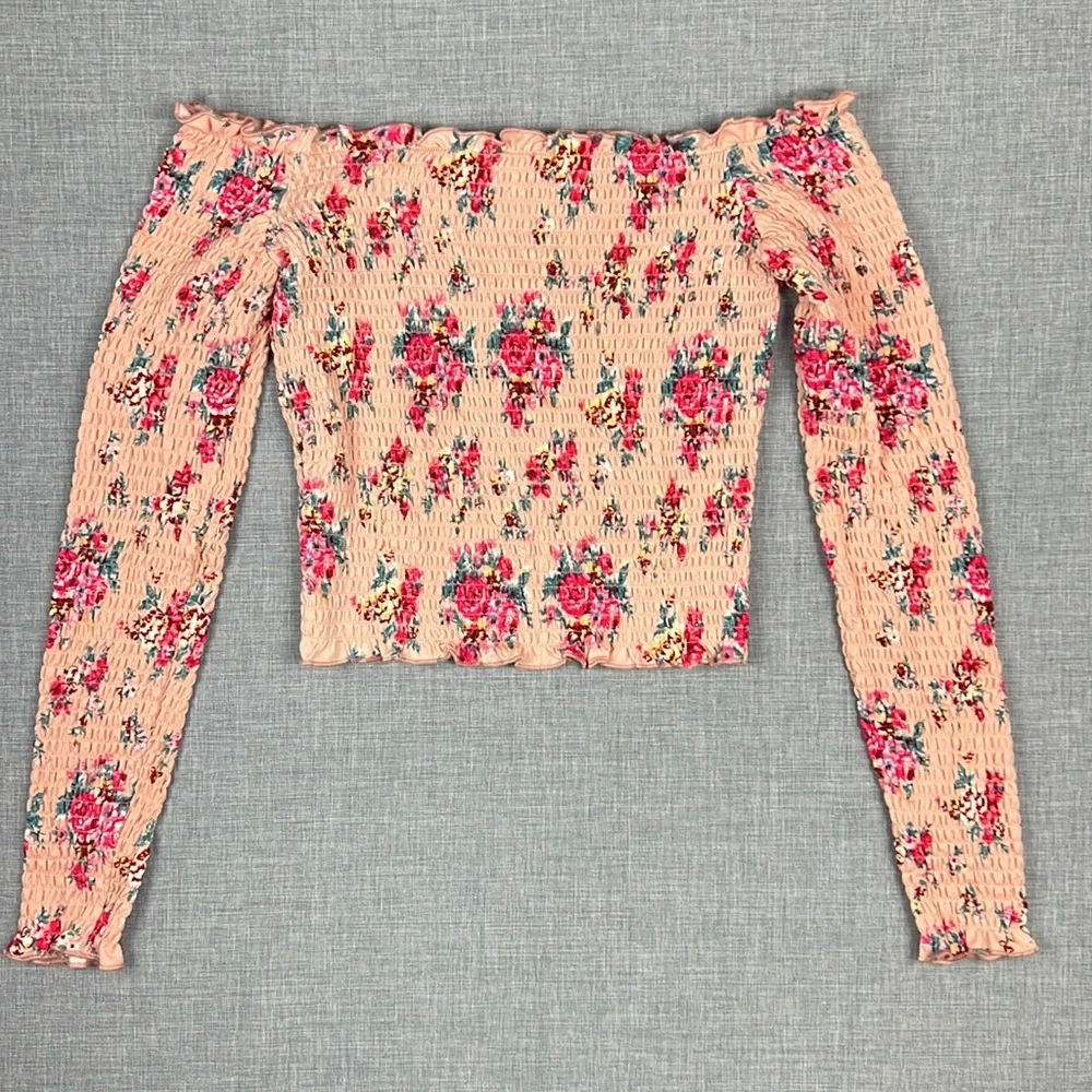 Self Esteem Pink Floral Printed Smocked Off Shoulder Top Juniors Size Small - Picture 5 of 5